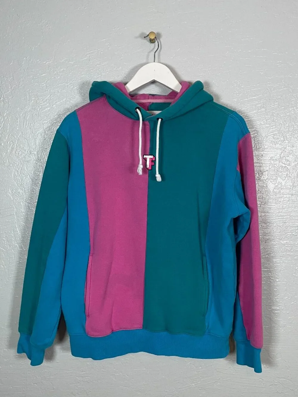 Teddy Fresh Men M Love Bubblegum Blue Pink Green Color Block Hoodie Sweatshirt - Picture 1 of 10